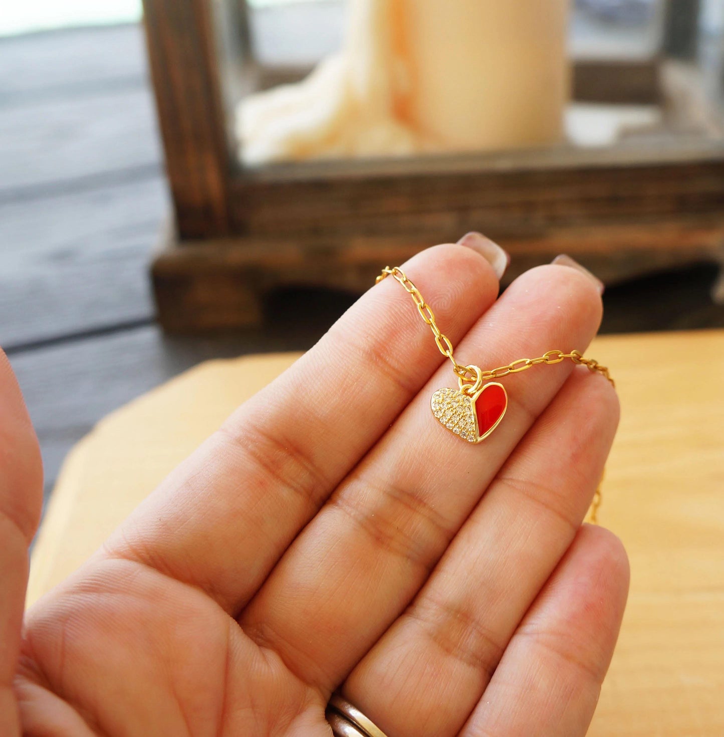 Red Crystal Heart Charm Necklace, Paper Clip Chain, Minimalist Style, Trendy Jewelry, Gift For Her