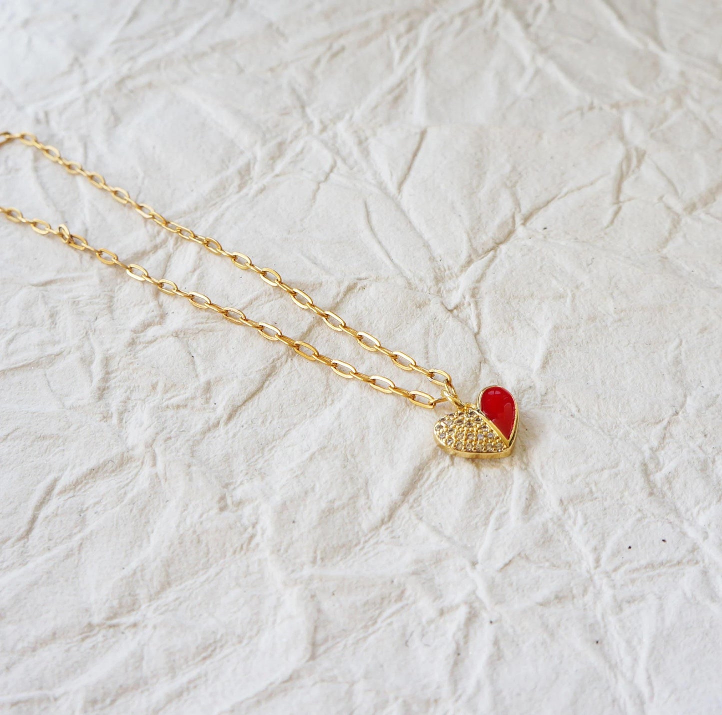 Red Crystal Heart Charm Necklace, Paper Clip Chain, Minimalist Style, Trendy Jewelry, Gift For Her