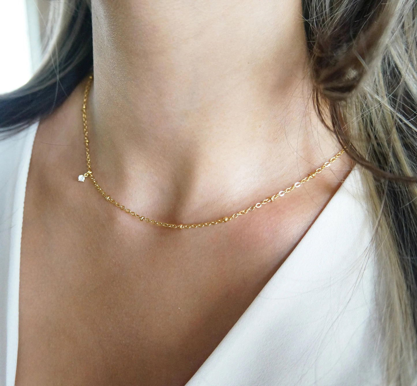 Gold Dainty Satellite Sparkle Chain Delicate Layered Chain Minimalist Necklace Crystal Charm Choker Chain Necklace Jewelry Gift for Women