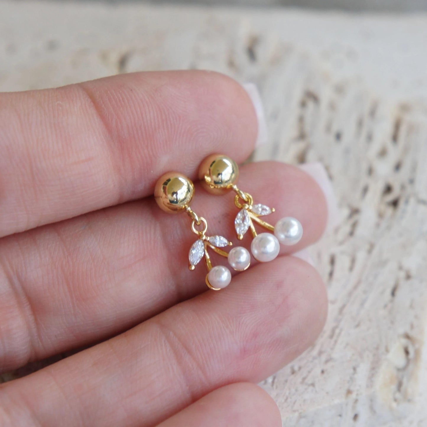 Gold Dangling Pearl Cherries Studs