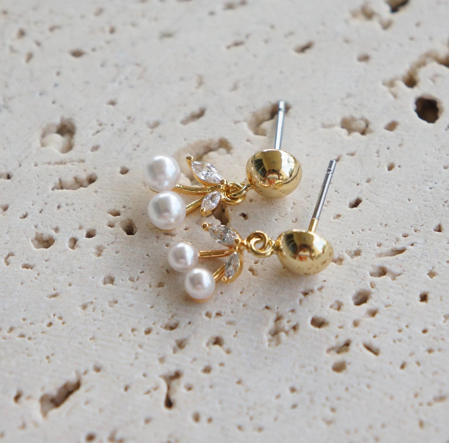 Gold Dangling Pearl Cherries Studs