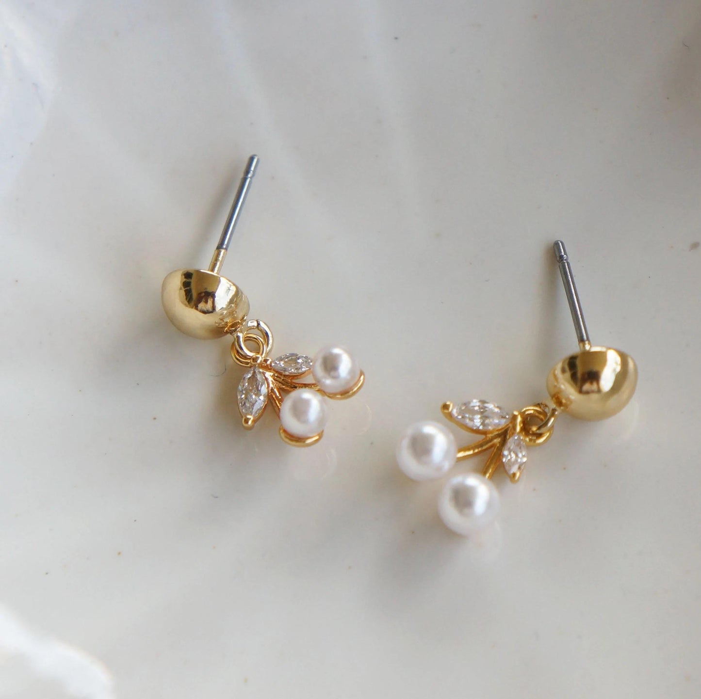 Gold Dangling Pearl Cherries Studs