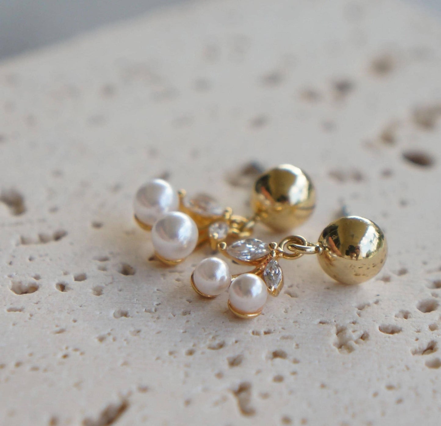 Gold Dangling Pearl Cherries Studs