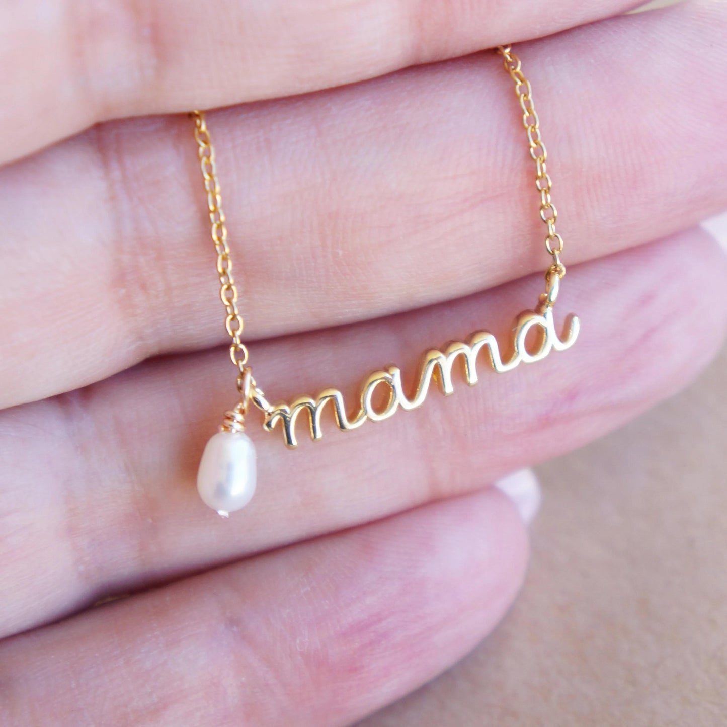 Gold Mama Necklace with Tiny Pearl