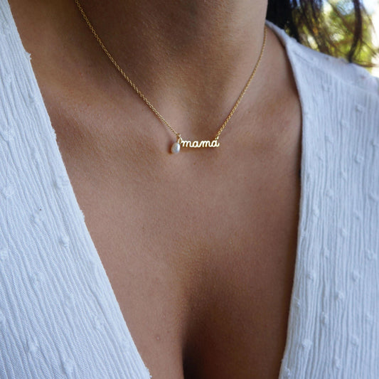 Gold Mama Necklace with Tiny Pearl