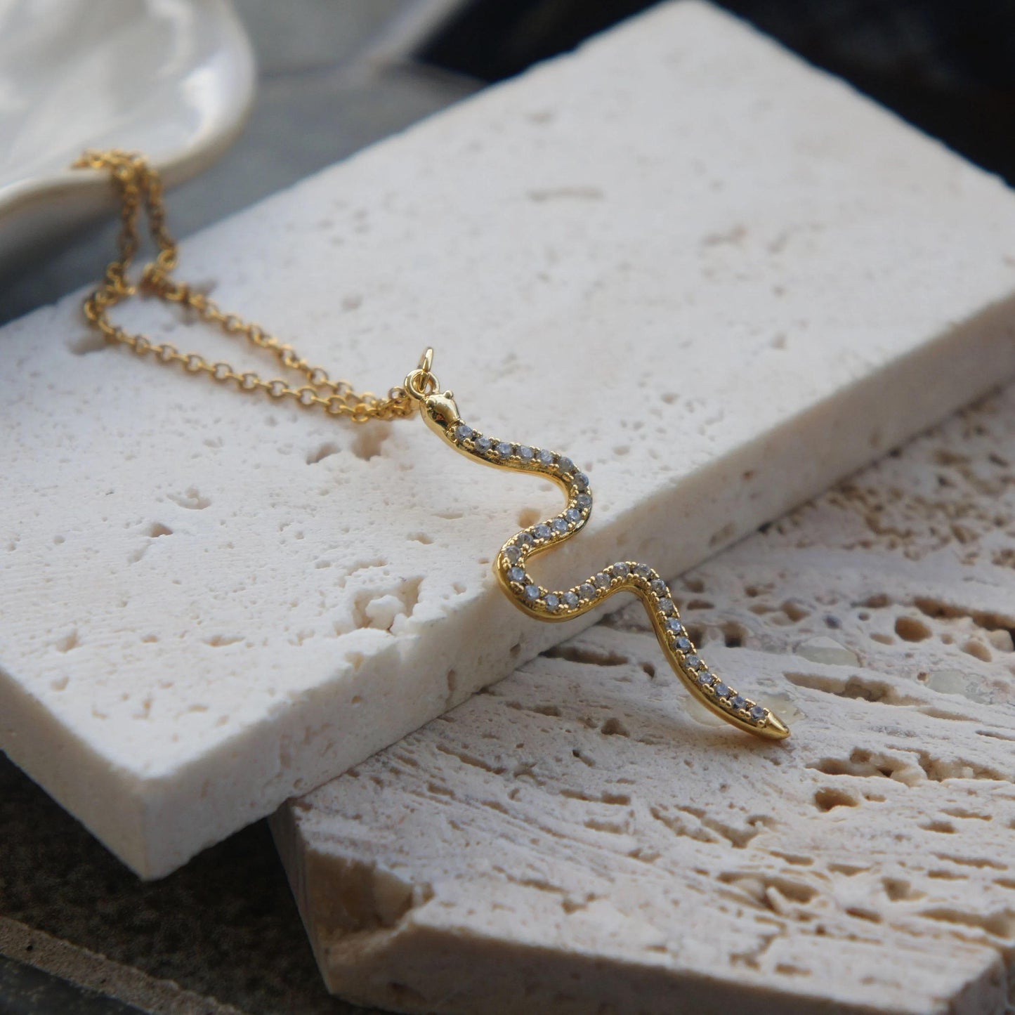 Dainty Gold Snake Necklace with CZ Stones, Serpent Charm Pendant, Minimalist Jewelry, Layering Necklace, Gift For Her