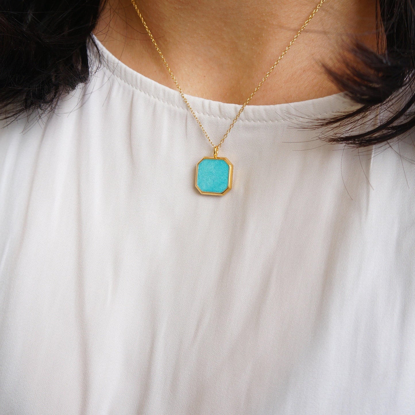 Square Charm Necklace Aqua Blue/White Enamel Charm Necklace Layering Necklace for Woman Everyday Colorful Necklace