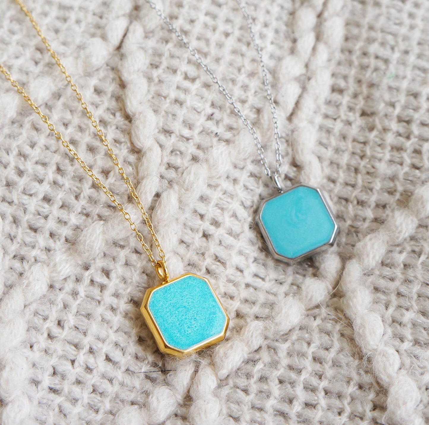 Square Charm Necklace Aqua Blue/White Enamel Charm Necklace Layering Necklace for Woman Everyday Colorful Necklace