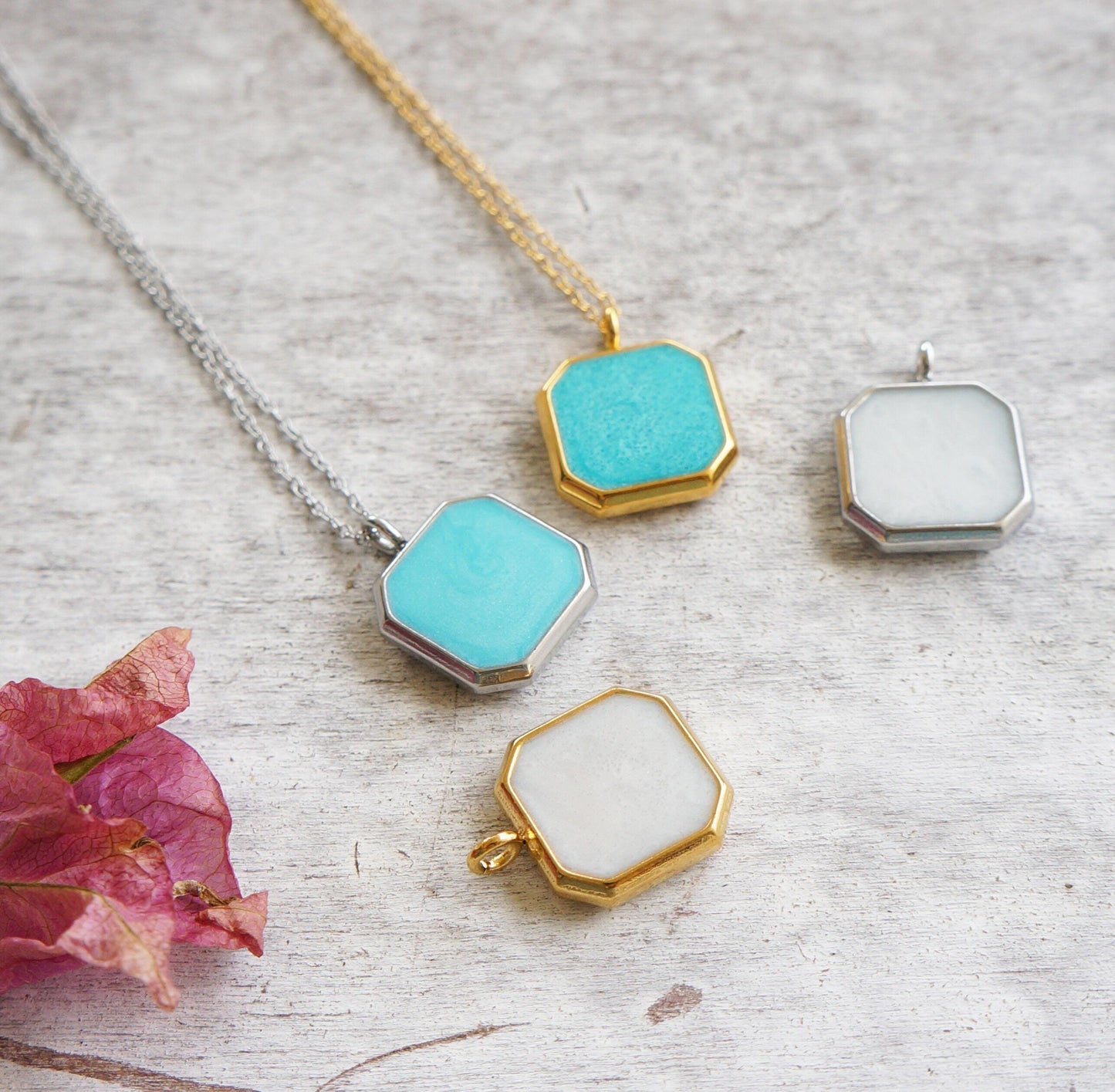 Square Charm Necklace Aqua Blue/White Enamel Charm Necklace Layering Necklace for Woman Everyday Colorful Necklace