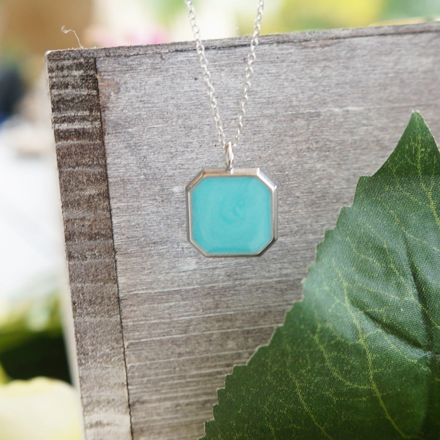 Square Charm Necklace Aqua Blue/White Enamel Charm Necklace Layering Necklace for Woman Everyday Colorful Necklace