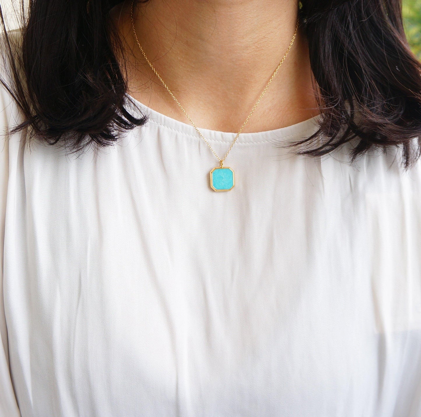 Square Charm Necklace Aqua Blue/White Enamel Charm Necklace Layering Necklace for Woman Everyday Colorful Necklace