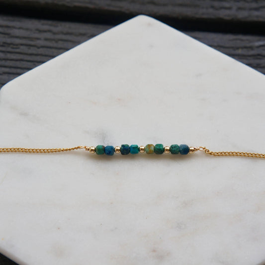 Chrysocolla Dainty Gold Bracelet Curb Delicate Chain Bracelet Tiny Gemstone Beaded Bracelet Tiny Gems Bracelet