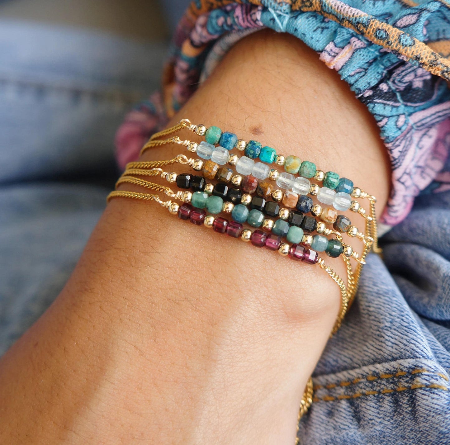 Chrysocolla Dainty Gold Bracelet Curb Delicate Chain Bracelet Tiny Gemstone Beaded Bracelet Tiny Gems Bracelet