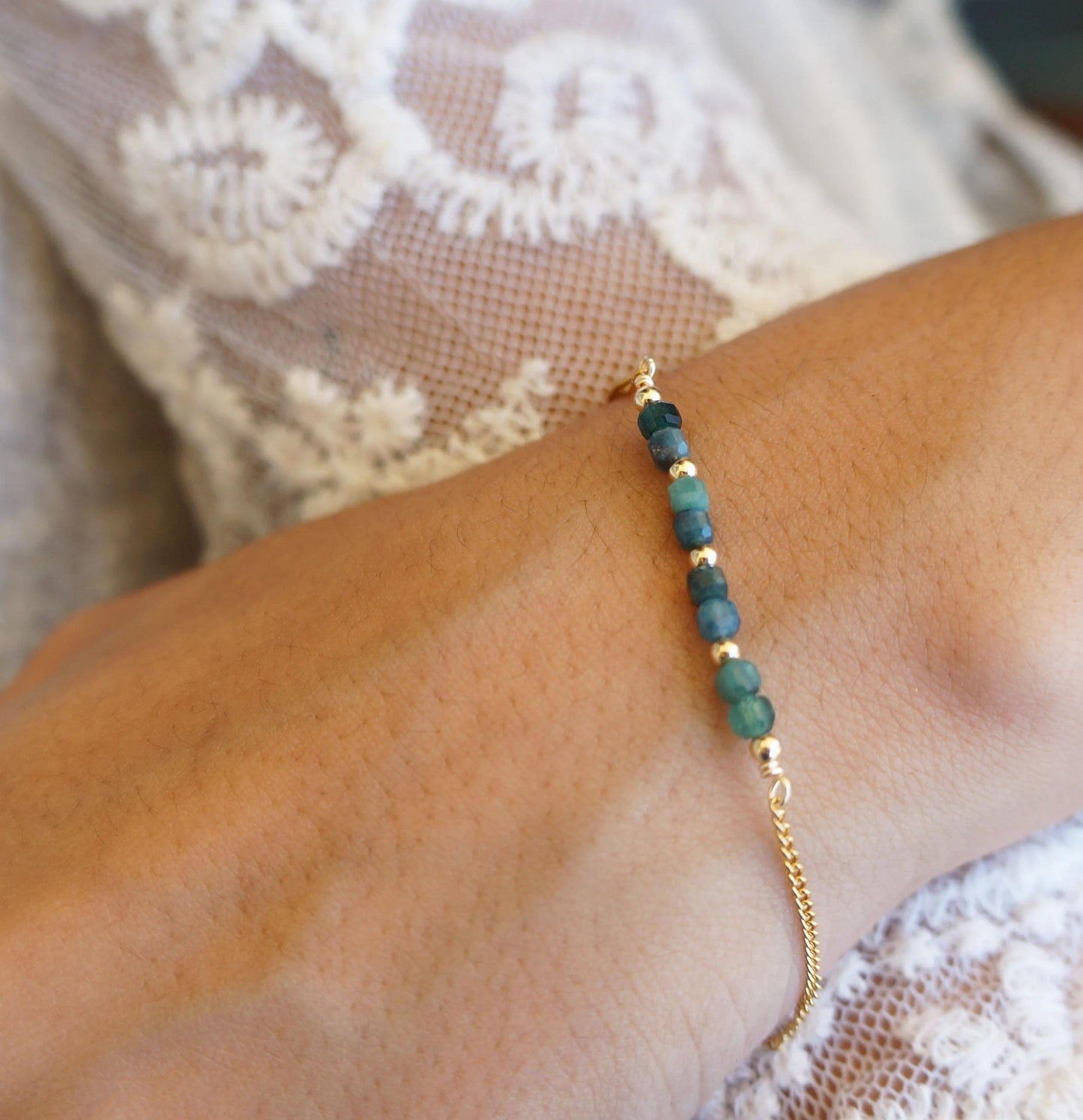 Chrysocolla Dainty Gold Bracelet Curb Delicate Chain Bracelet Tiny Gemstone Beaded Bracelet Tiny Gems Bracelet