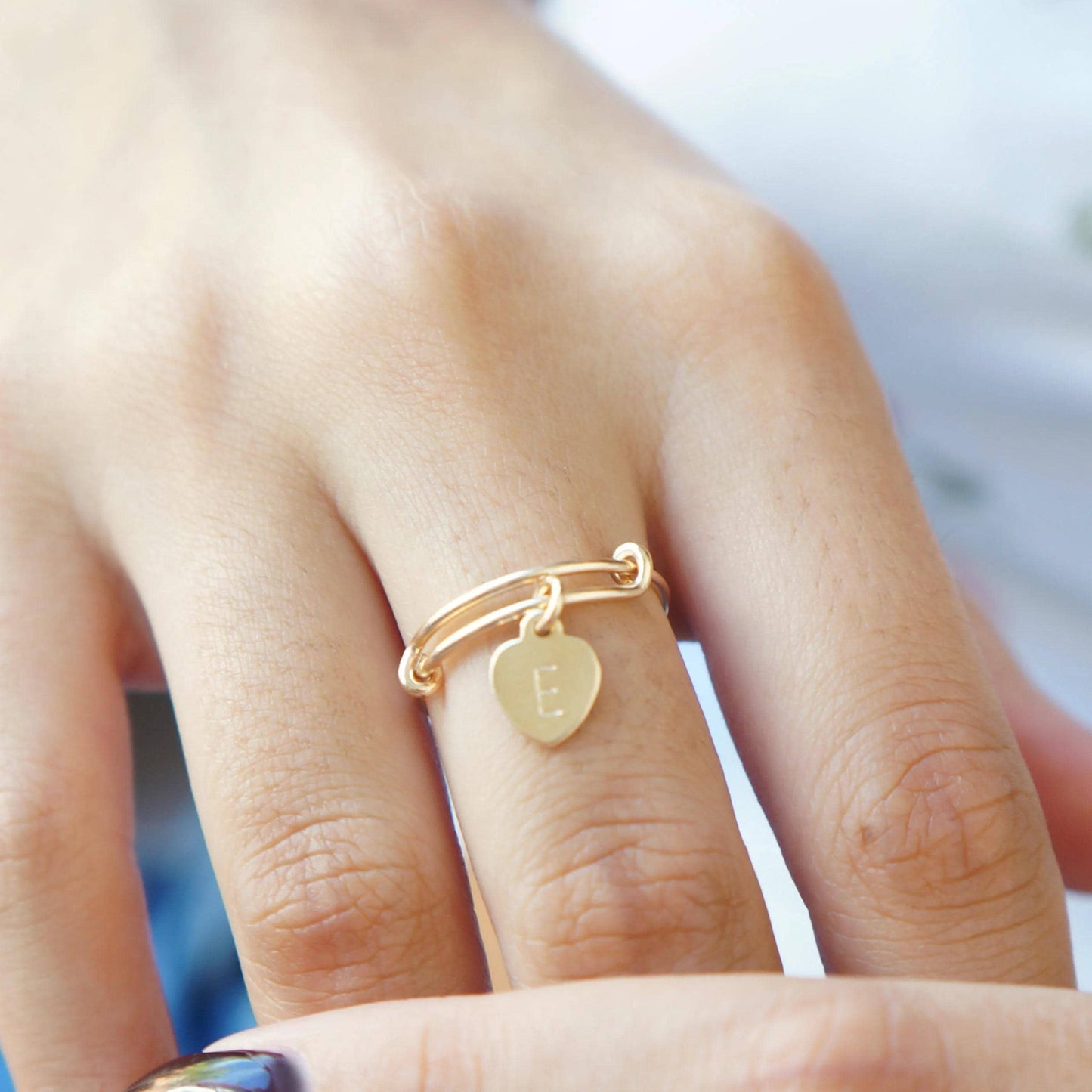 Letter Ring Stacking Ring Heart Personalized Initial Ring 14kt Gold Filled/Sterling Silver Dainty Adjustable Ring For Women