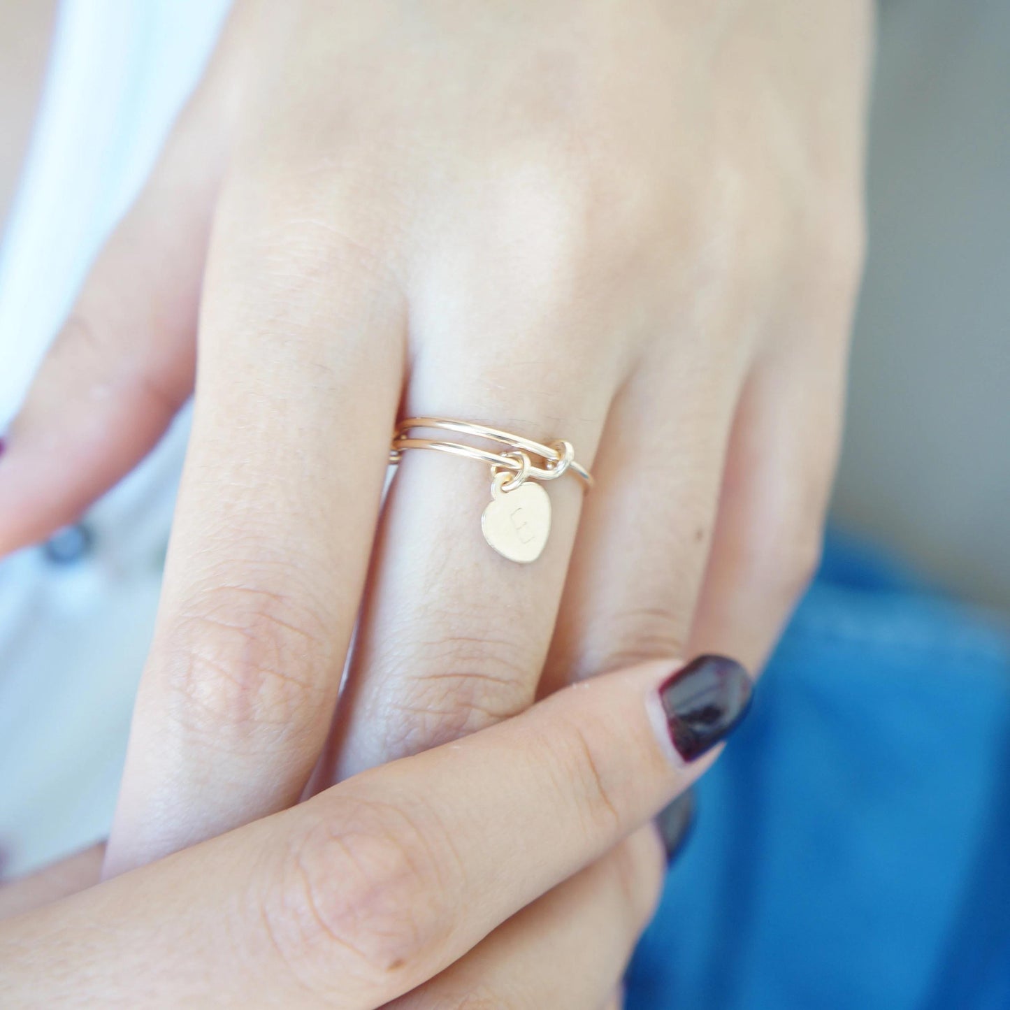 Letter Ring Stacking Ring Heart Personalized Initial Ring 14kt Gold Filled/Sterling Silver Dainty Adjustable Ring For Women