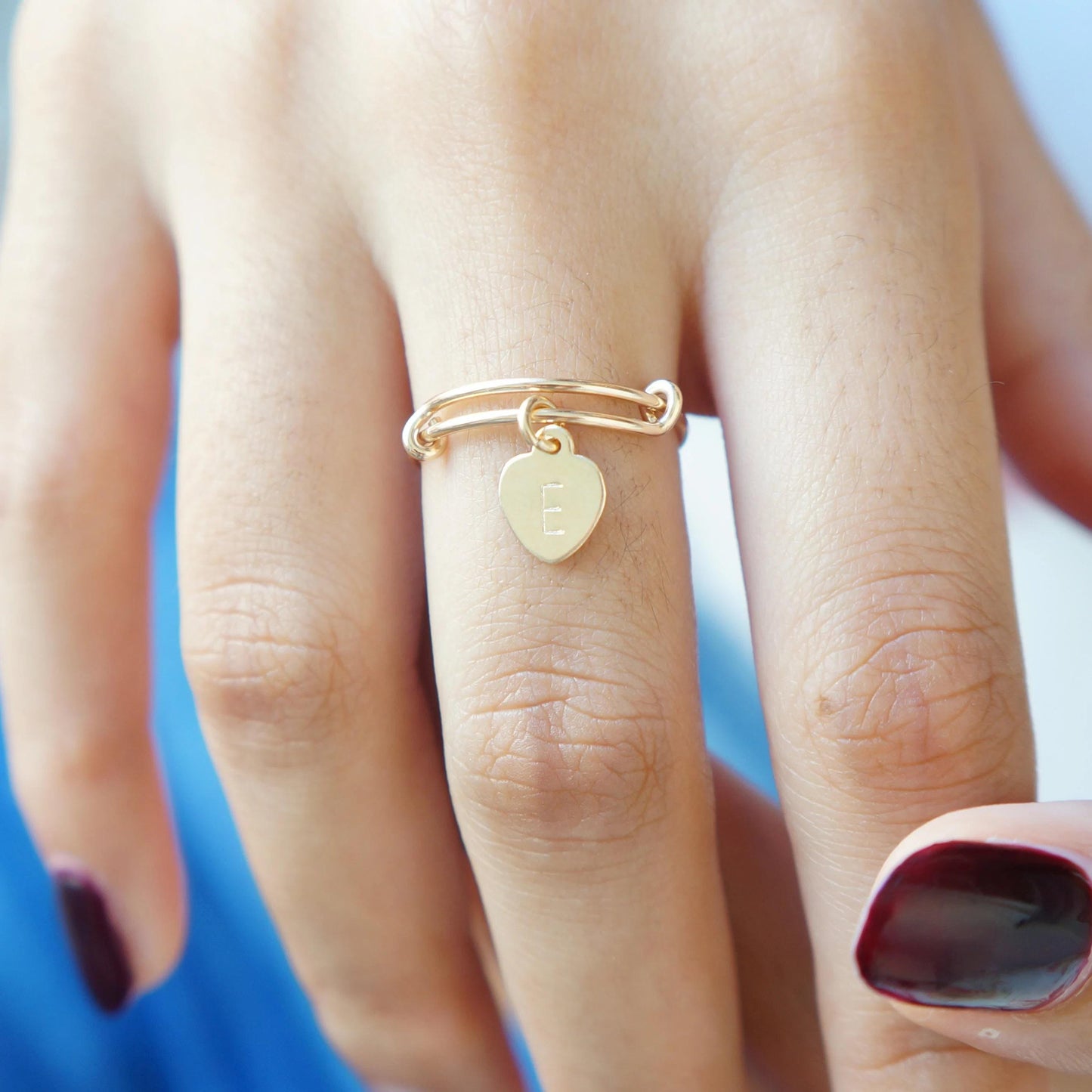 Letter Ring Stacking Ring Heart Personalized Initial Ring 14kt Gold Filled/Sterling Silver Dainty Adjustable Ring For Women