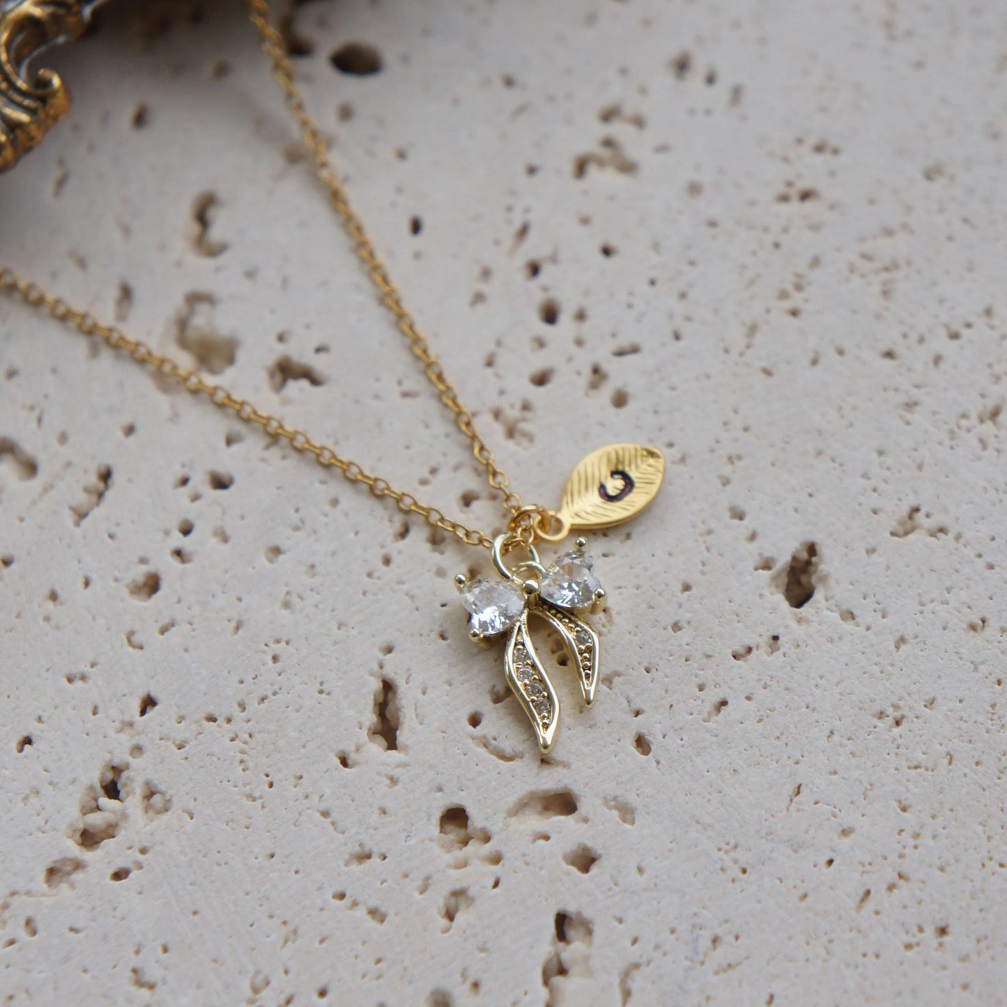 Personalized Gold Bow Necklace, Stamped Initial Leaf Charm, Tiny Bow Pendant, Customized Jewelry, Gift For Her, Tiny Jewelry, Coquette