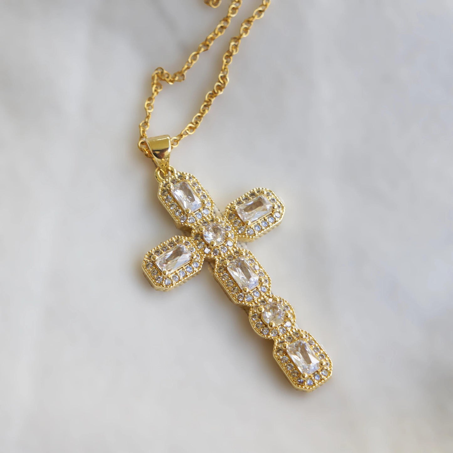 Gold Cross Necklace, Large Catholic CZ Pendant, Religious Gift, Stunning Pendant Necklace, Necklace for Women, Gift for Her