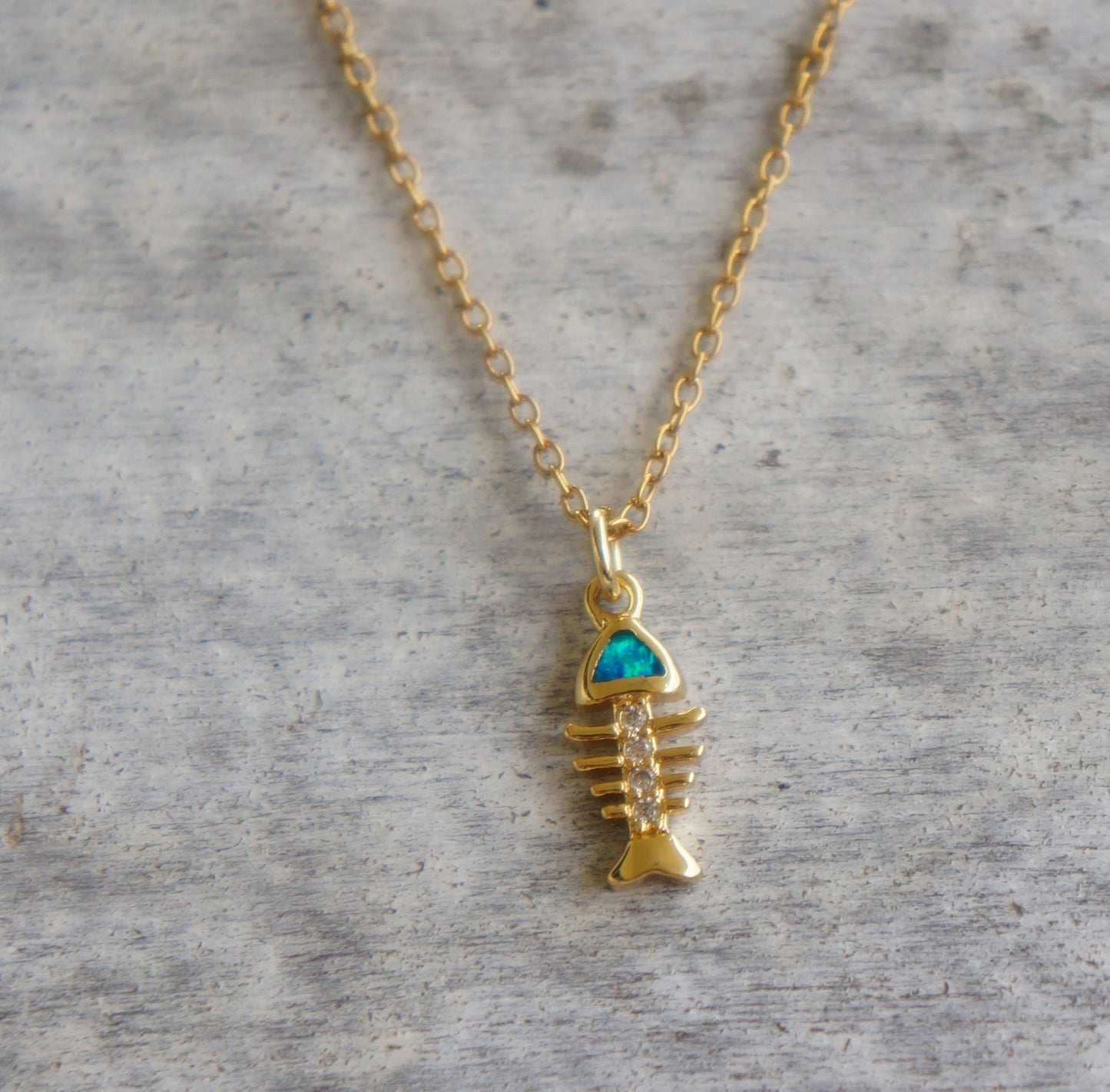 Minimalist Opal Charm Necklace, Gold Tiny Charm Pendant, Marine Jewelry, Dainty Gift for Her, Tiny Opal Fish Bone Necklace, Gold Pendant