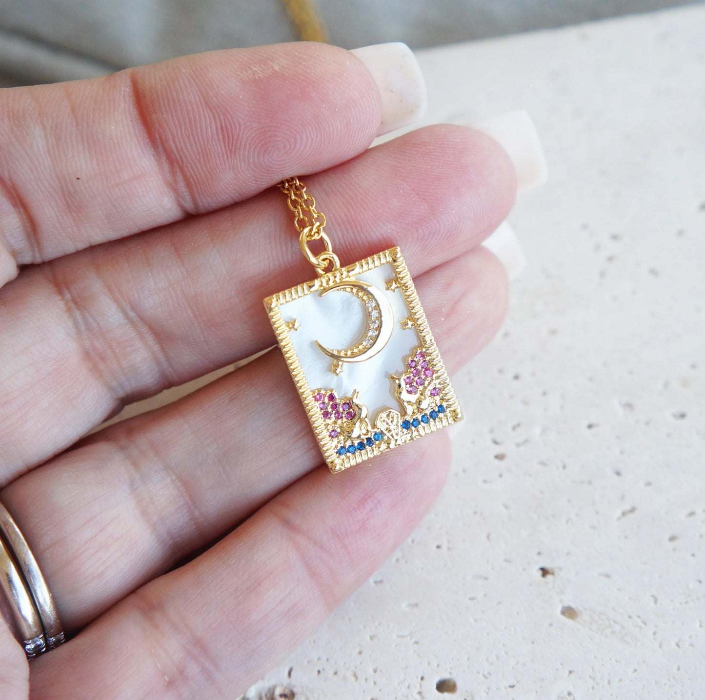 Zodiac Necklace Gift for Her Witchy Jewelry The Moon Tarot Card Gold Necklace MOP Charm Necklace Spiritual Necklace