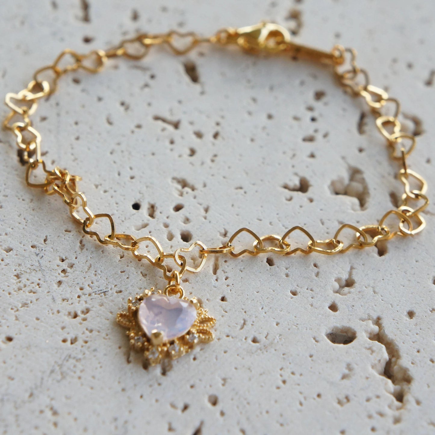 Pink Heart Bracelet, Delicate Gold Charm Bracelet, Gold Heart Chain, Gift for Her, Whimsical Charm Bracelet, Heart Jewelry, Gift for Her