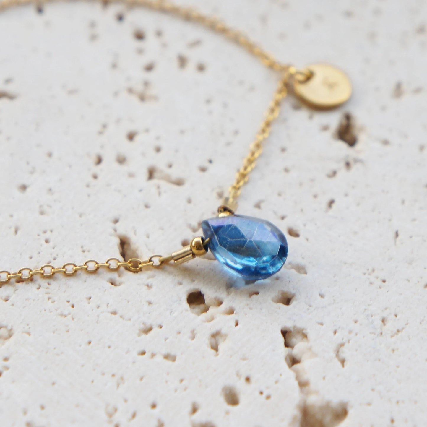 Quartz Briolette Bracelet, Gold Chain, Anniversary Gift, Blue Stone Jewelry, Blue Quartz, Handmade Sparkly Stone Briolette