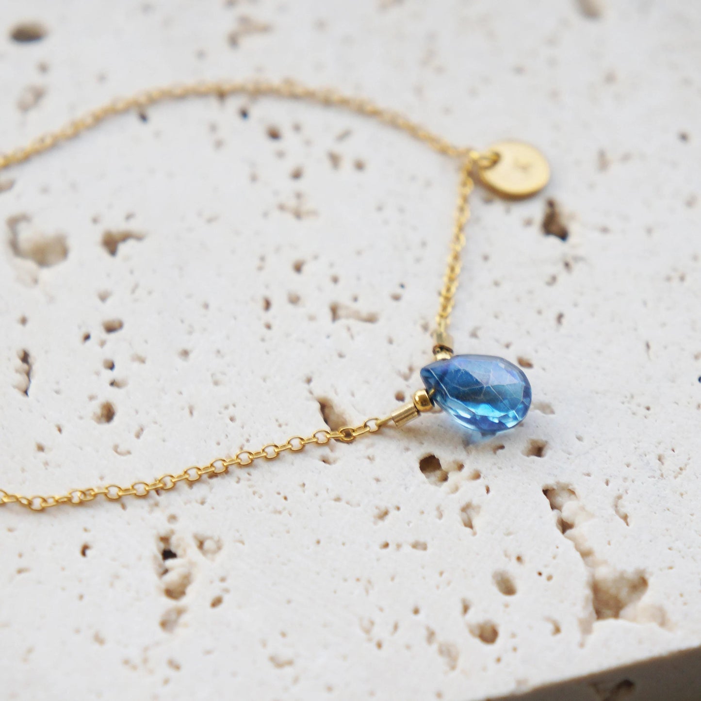 Quartz Briolette Bracelet, Gold Chain, Anniversary Gift, Blue Stone Jewelry, Blue Quartz, Handmade Sparkly Stone Briolette
