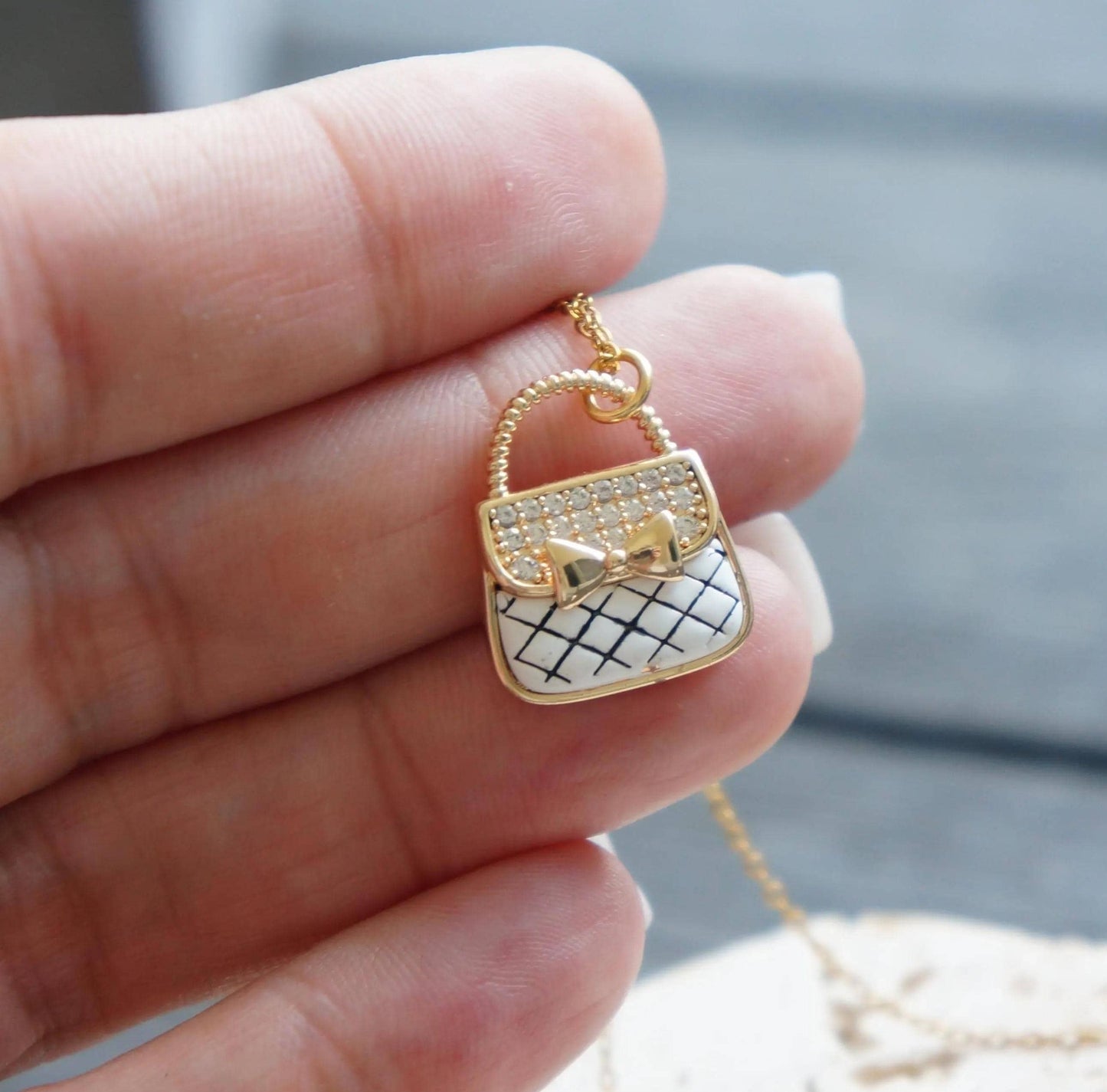 Delicate Gold Purse Necklace, Necklace for Her, Mini Purse Charm Necklace, Cute Purse Pendant, Dainty Jewelry, Gift For Her, Gold Bag Charm