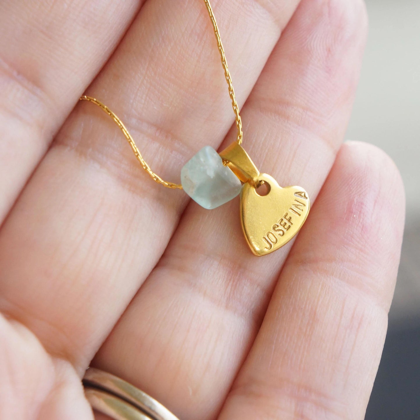 Personalized Heart Pendant Necklace, Fluorite Bead Charm, Gold Stamped Jewelry, Dainty Gift Idea, Name Necklace, Hand Stamped Initial