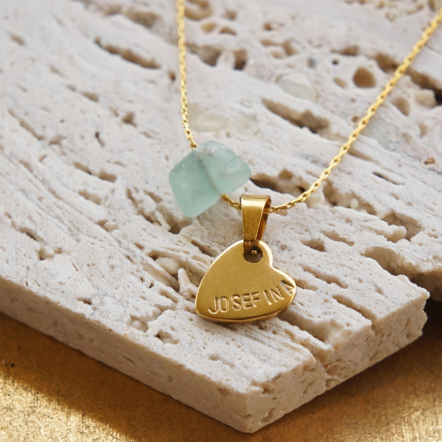 Personalized Heart Pendant Necklace, Fluorite Bead Charm, Gold Stamped Jewelry, Dainty Gift Idea, Name Necklace, Hand Stamped Initial