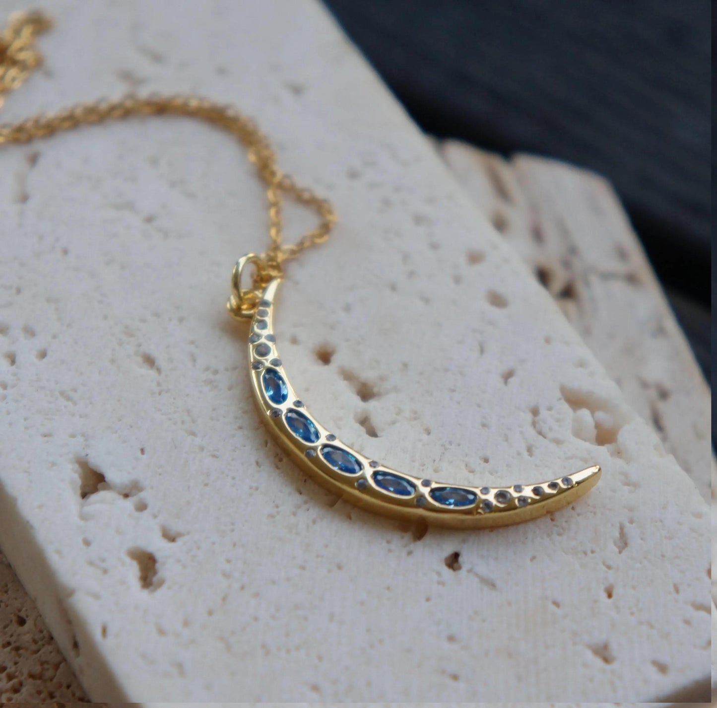 Gold Moon Pendant Necklace with Crystals, Lunar Necklace, Celestial Jewelry, Moon Lover Gift, Statement Necklace, Gift for Woman, Moon