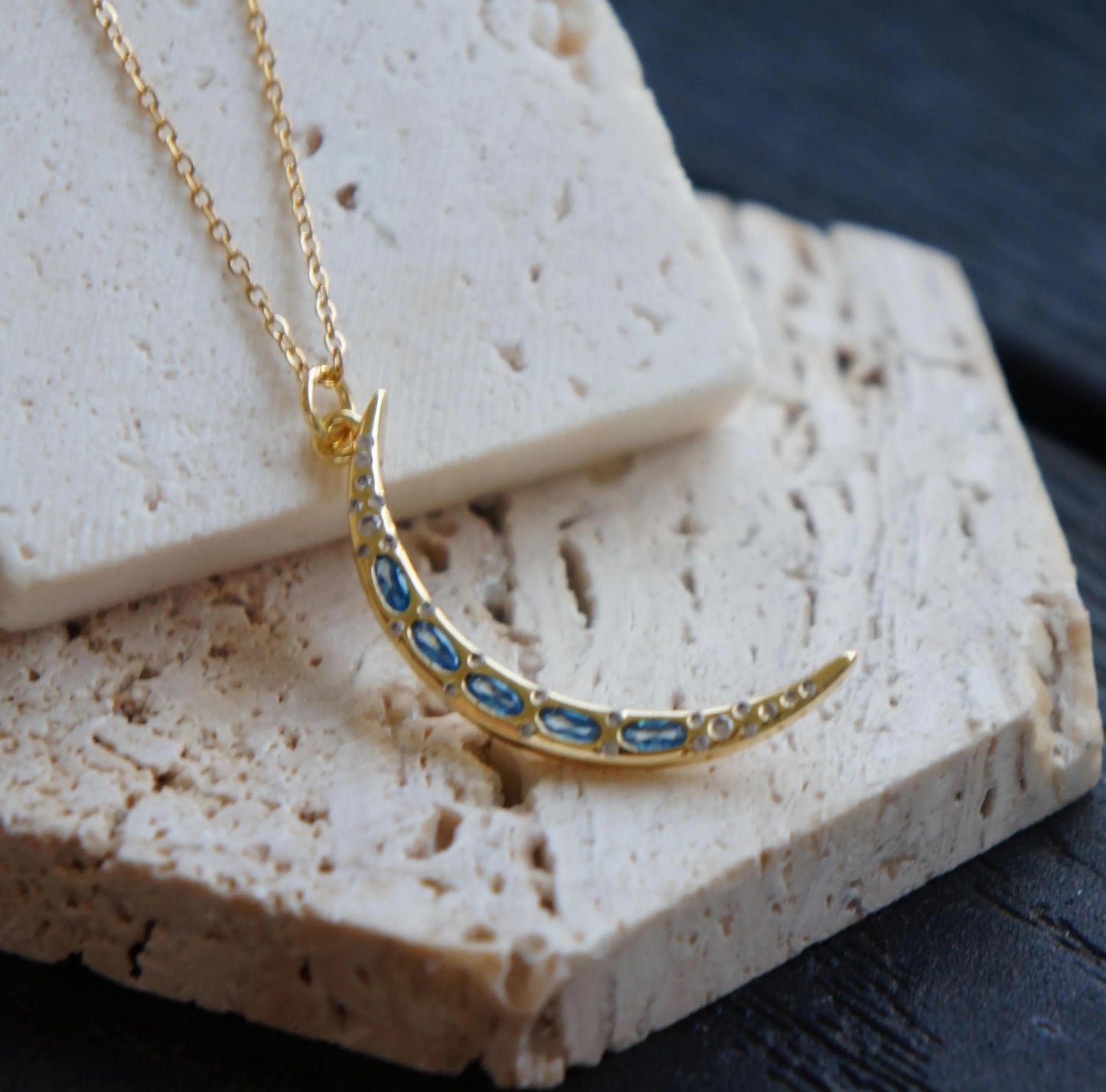 Gold Moon Pendant Necklace with Crystals, Lunar Necklace, Celestial Jewelry, Moon Lover Gift, Statement Necklace, Gift for Woman, Moon