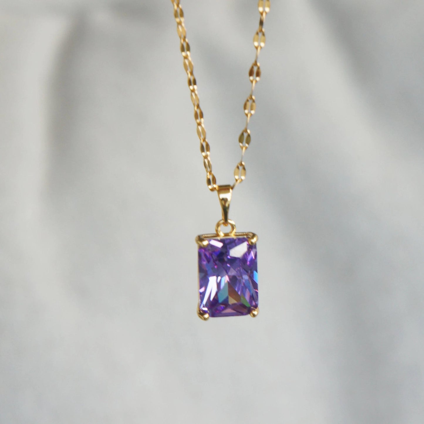 Sparkling Purple Crystal Necklace Gold Necklace with Purple Zircon Pendant, Minimalist Necklace, Purple Rectangle Charm, Purple Necklace