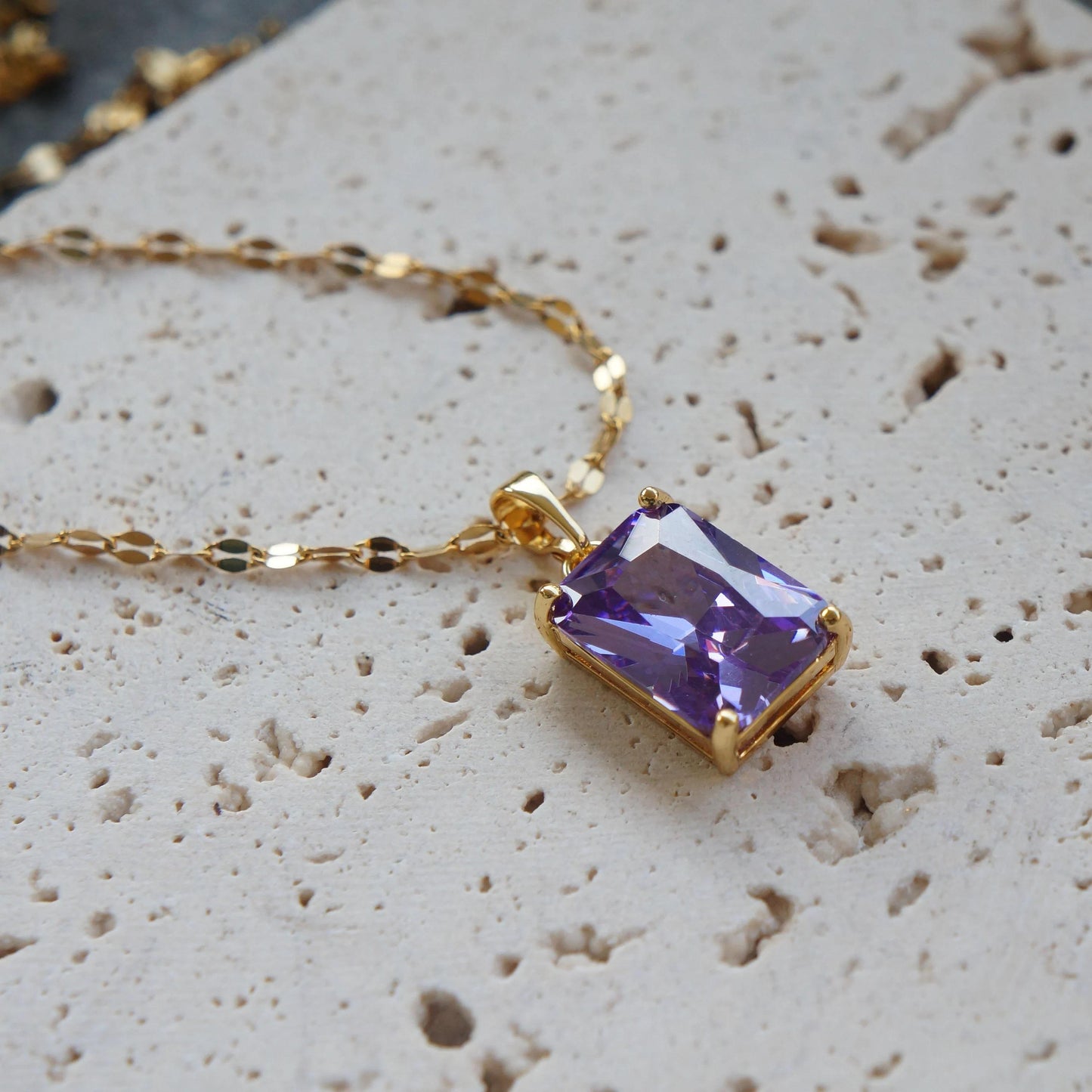 Sparkling Purple Crystal Necklace Gold Necklace with Purple Zircon Pendant, Minimalist Necklace, Purple Rectangle Charm, Purple Necklace