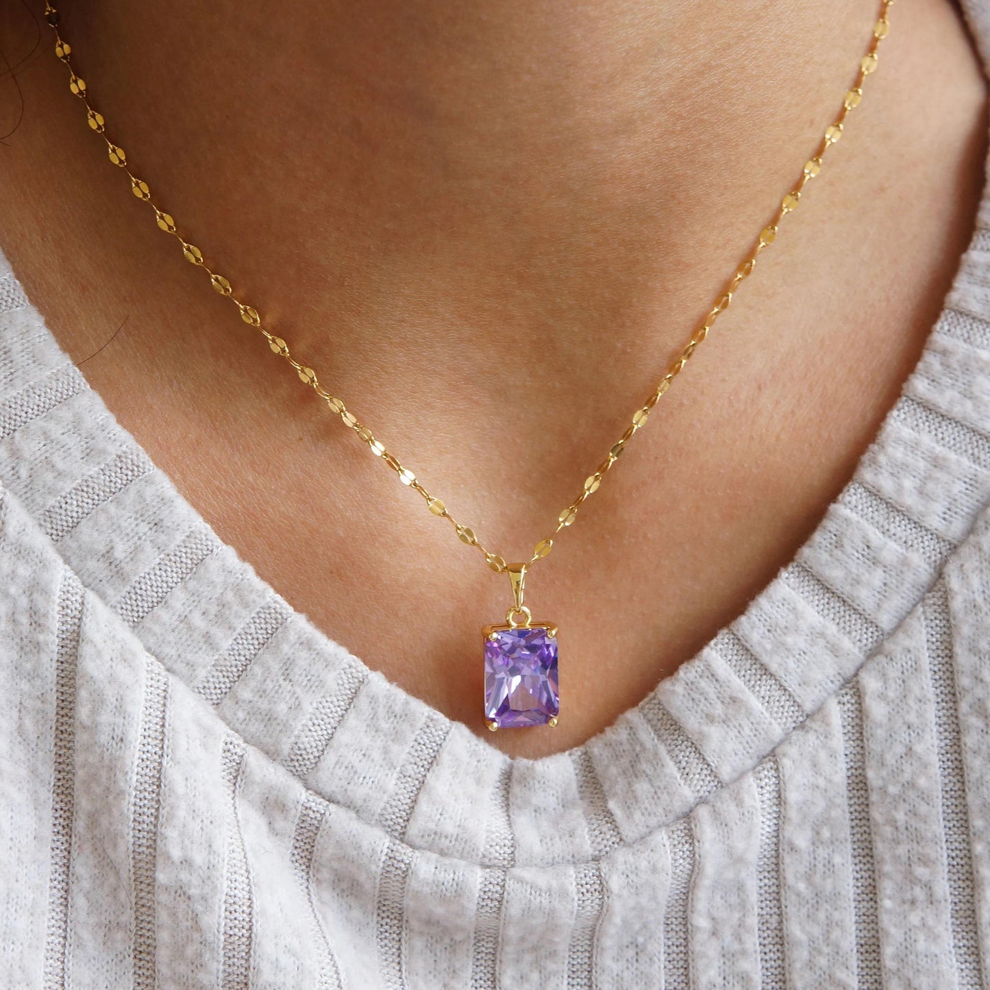 Sparkling Purple Crystal Necklace Gold Necklace with Purple Zircon Pendant, Minimalist Necklace, Purple Rectangle Charm, Purple Necklace