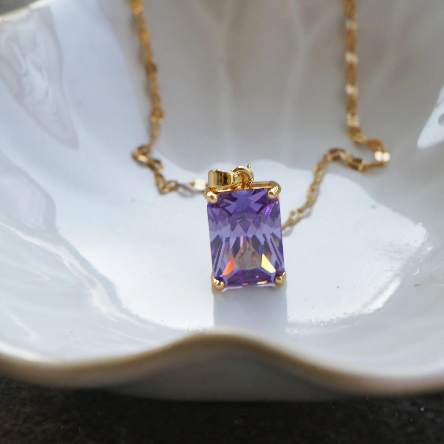 Sparkling Purple Crystal Necklace Gold Necklace with Purple Zircon Pendant, Minimalist Necklace, Purple Rectangle Charm, Purple Necklace