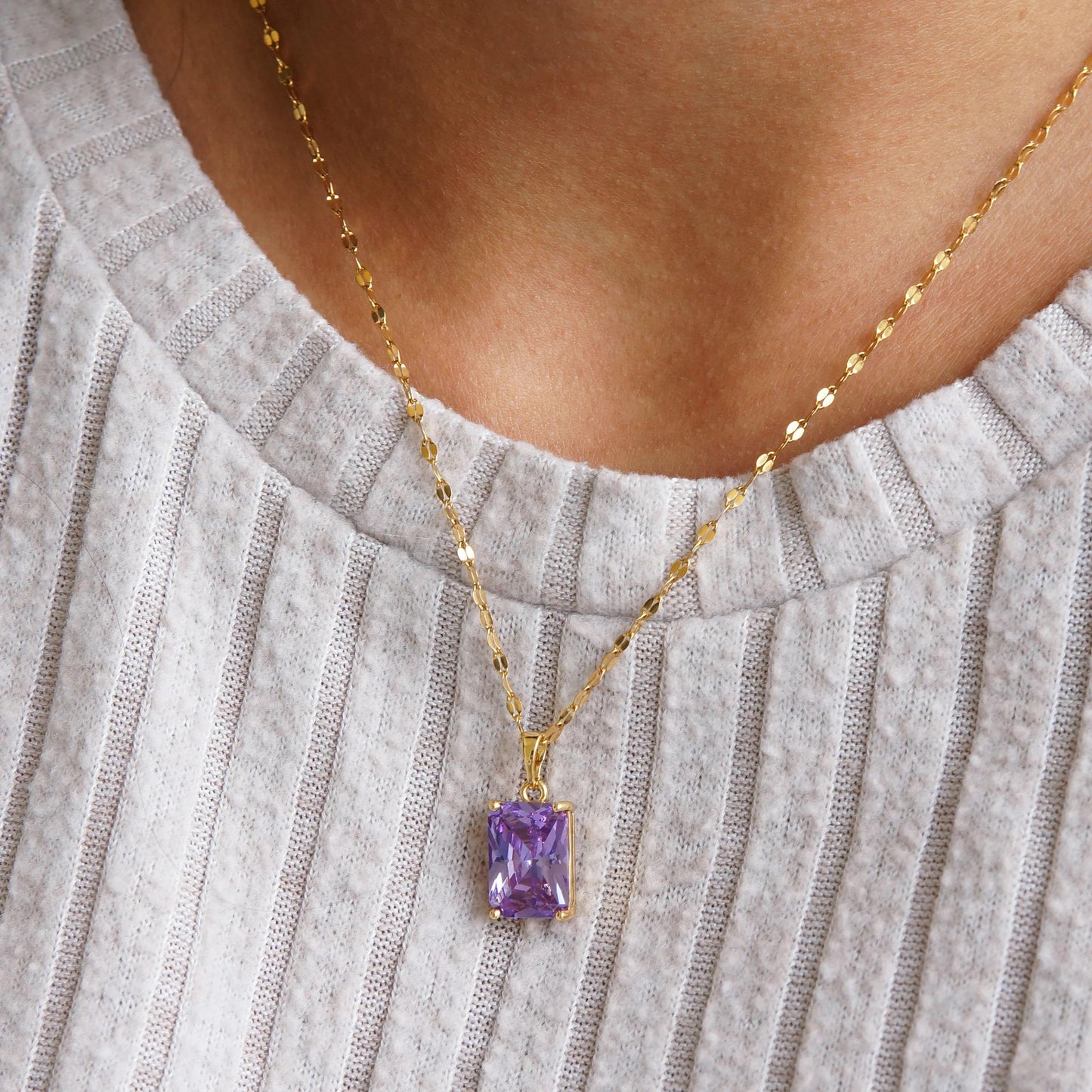 Sparkling Purple Crystal Necklace Gold Necklace with Purple Zircon Pendant, Minimalist Necklace, Purple Rectangle Charm, Purple Necklace