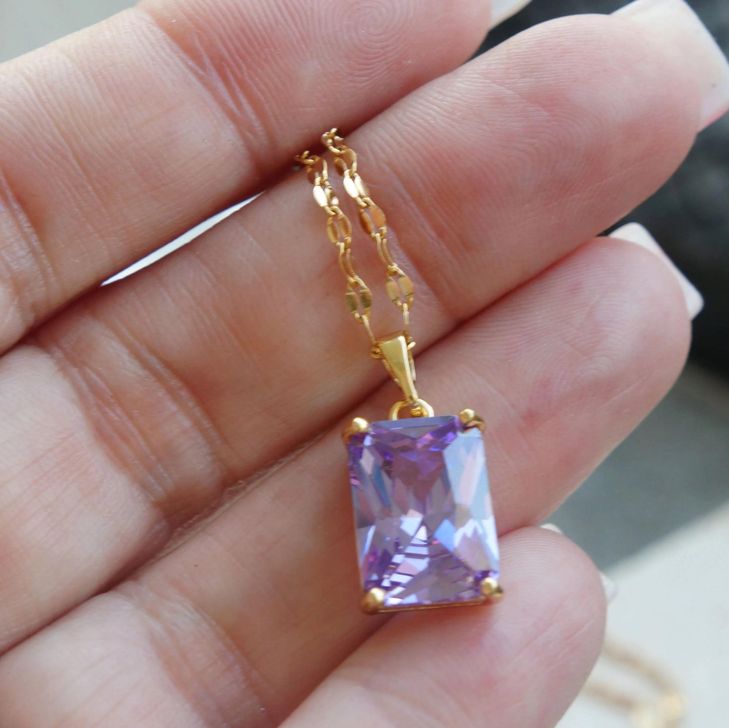 Sparkling Purple Crystal Necklace Gold Necklace with Purple Zircon Pendant, Minimalist Necklace, Purple Rectangle Charm, Purple Necklace