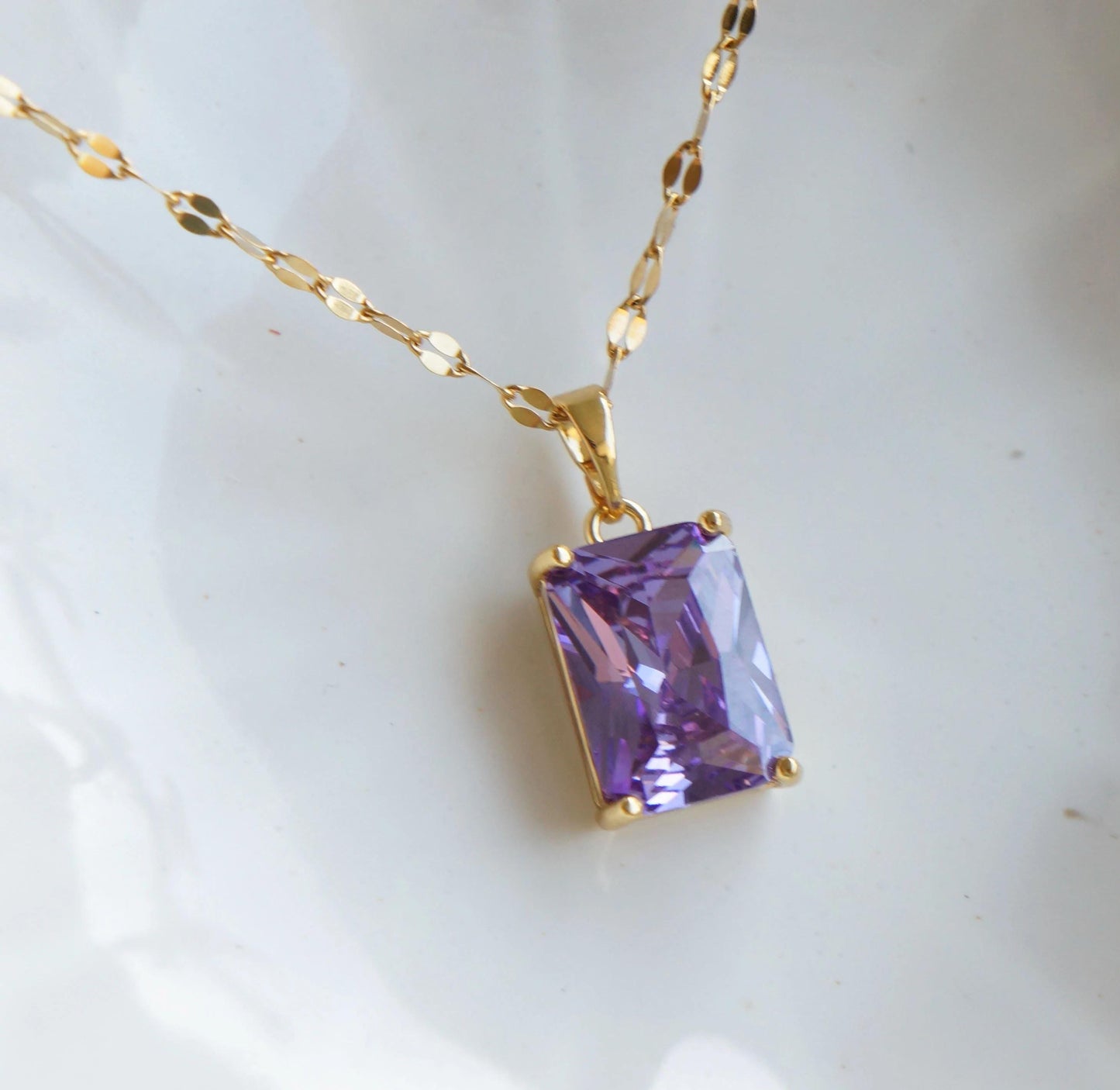 Sparkling Purple Crystal Necklace Gold Necklace with Purple Zircon Pendant, Minimalist Necklace, Purple Rectangle Charm, Purple Necklace
