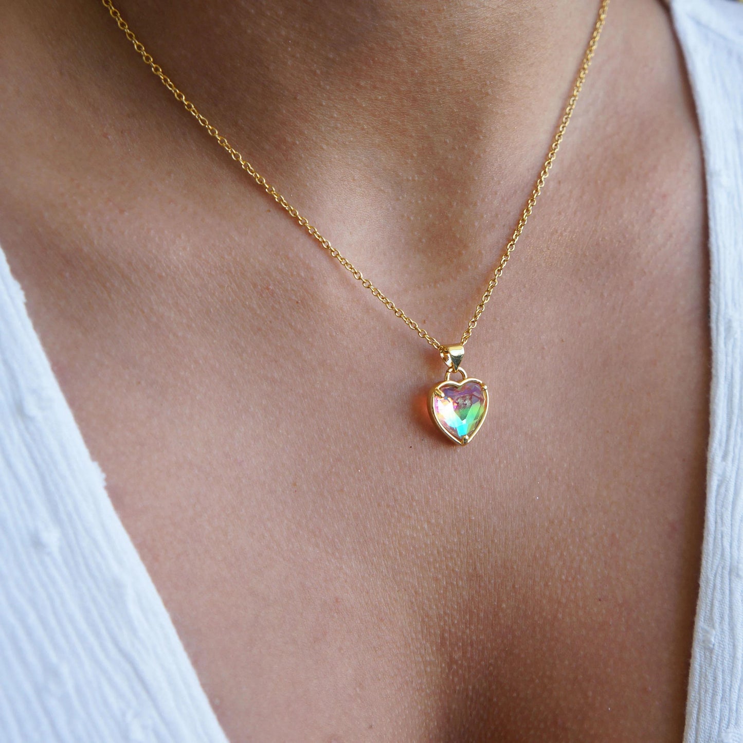 Gold Zircon Heart Necklace Colorful Charm Necklace Friendship Necklace Gift for Mom Necklace for Women Beautiful Gold Heart Necklace