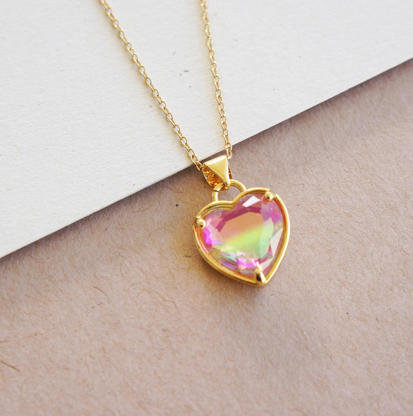 Gold Zircon Heart Necklace Colorful Charm Necklace Friendship Necklace Gift for Mom Necklace for Women Beautiful Gold Heart Necklace