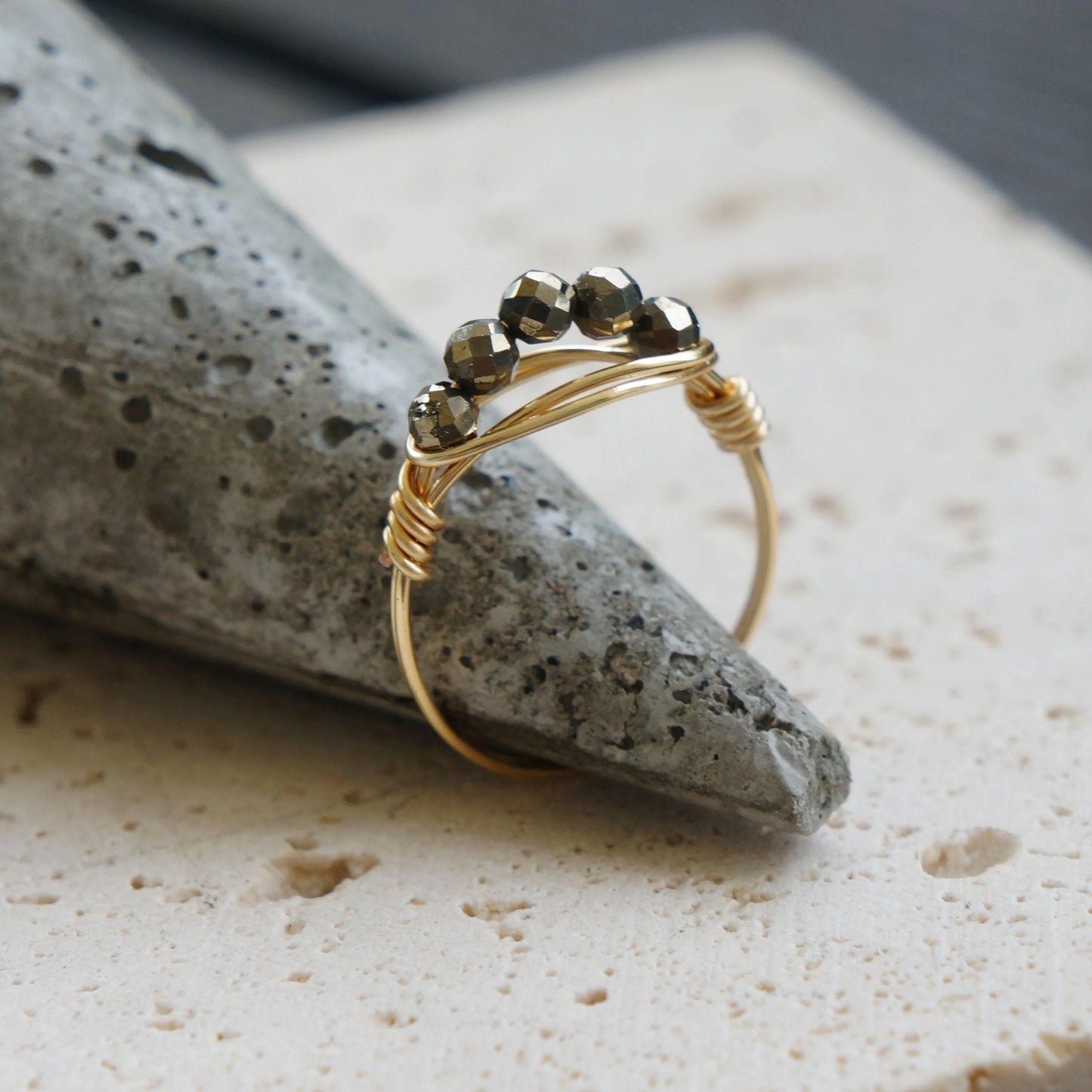 Shimmering Pyrite Ring with Gold Wire, Crystal Gemstone Ring, Minimalist Jewelry, Dainty Ring, Sterling Silver or 14kt Gold Fill Wire Ring