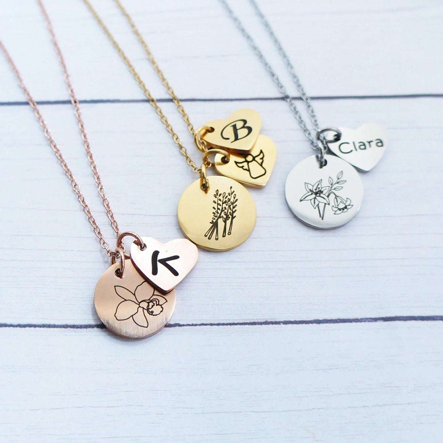 Personalized Flower Necklace Mother's Day Necklace Gift Sisters Necklace Friendship Necklace Engraved Heart Charms Initial Necklace DSC14