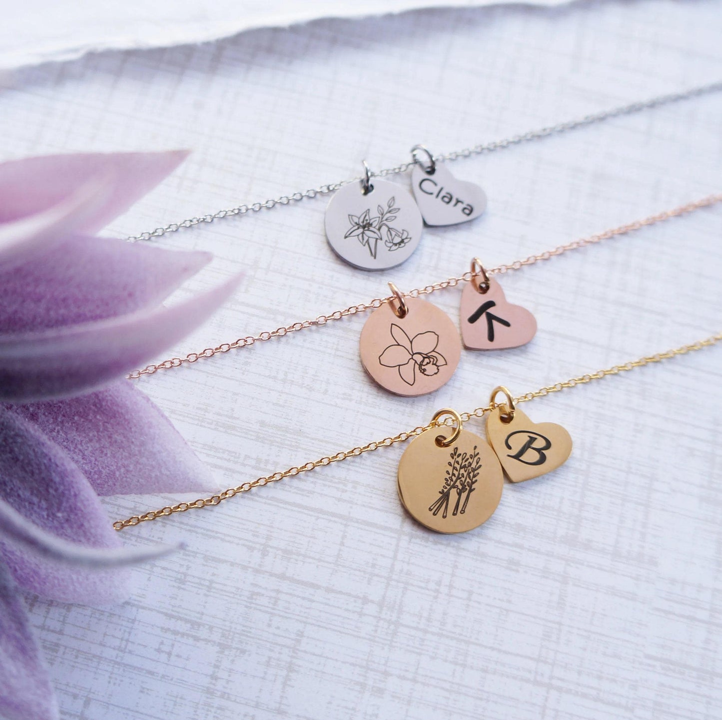 Personalized Flower Necklace Mother's Day Necklace Gift Sisters Necklace Friendship Necklace Engraved Heart Charms Initial Necklace DSC14