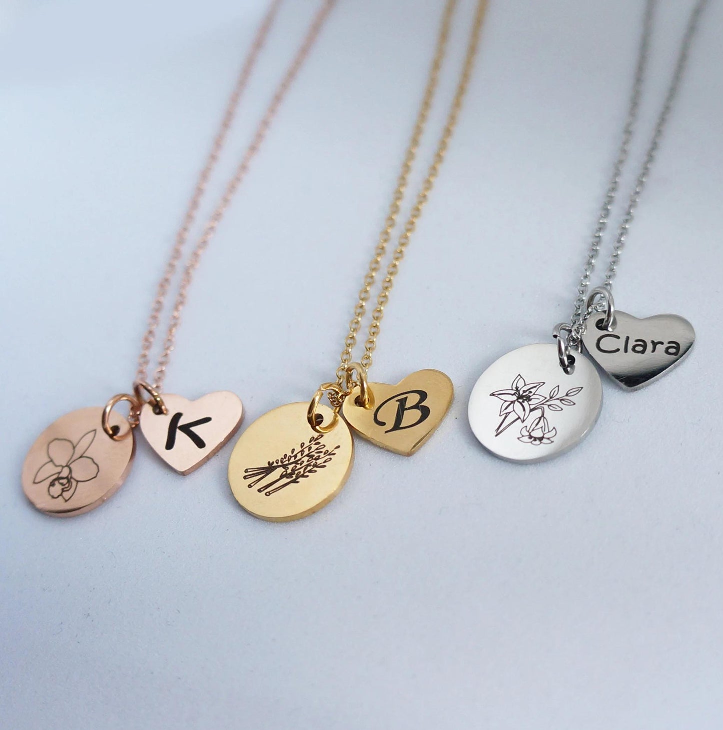 Personalized Flower Necklace Mother's Day Necklace Gift Sisters Necklace Friendship Necklace Engraved Heart Charms Initial Necklace DSC14