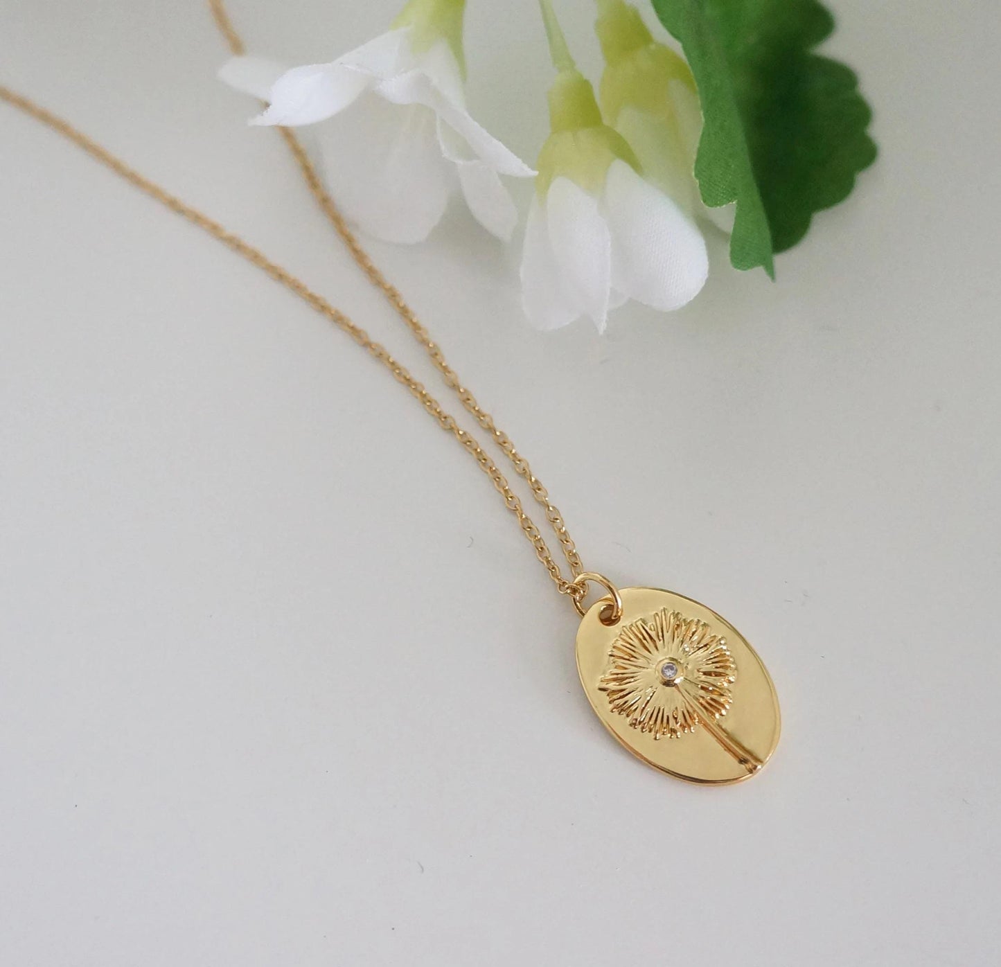 Delicate Gold Flower Dandelion Oval Charm Necklace Floral Pendant Necklace Mother Birthday Gift Idea Women Floral Necklace