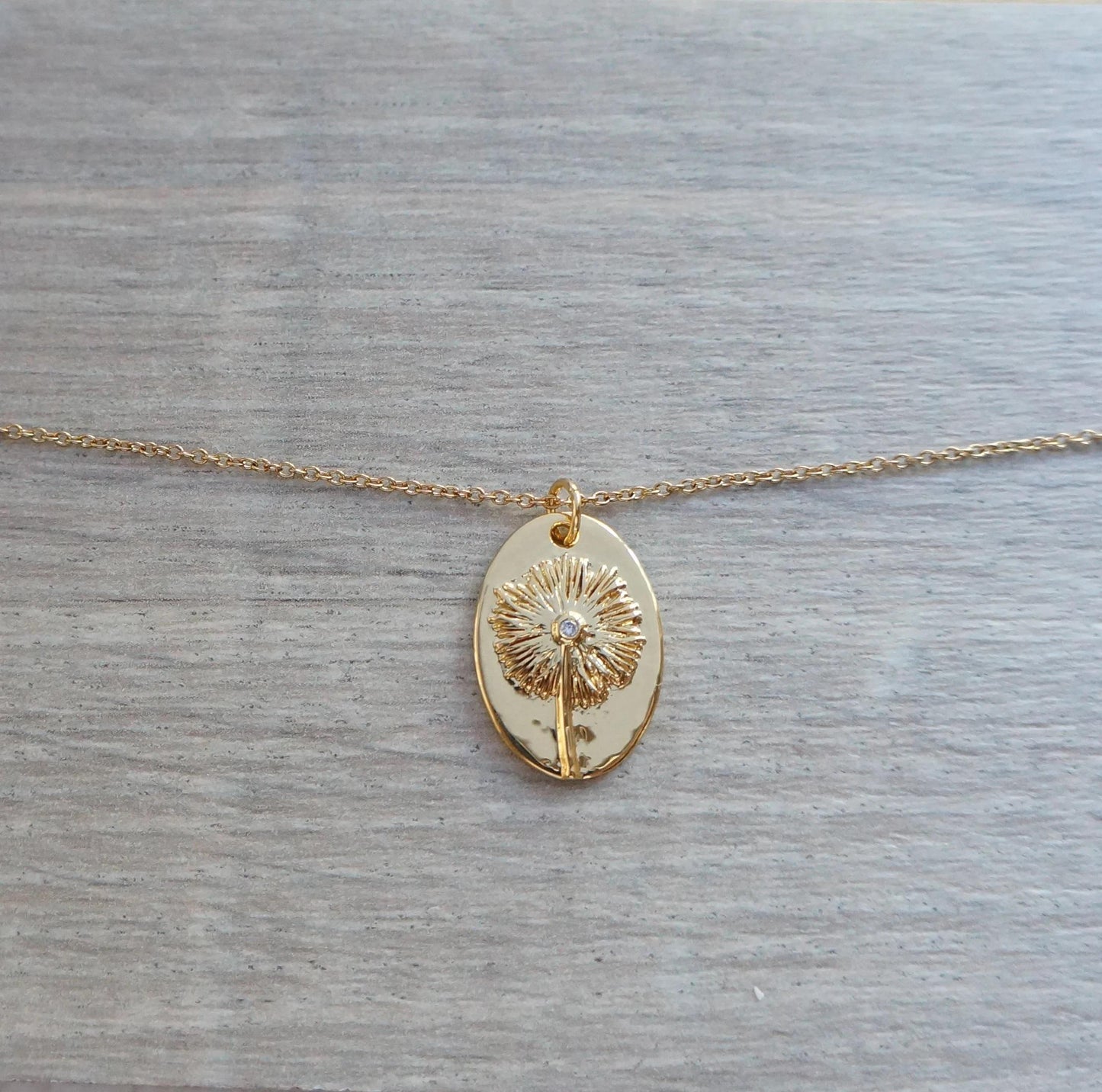 Delicate Gold Flower Dandelion Oval Charm Necklace Floral Pendant Necklace Mother Birthday Gift Idea Women Floral Necklace