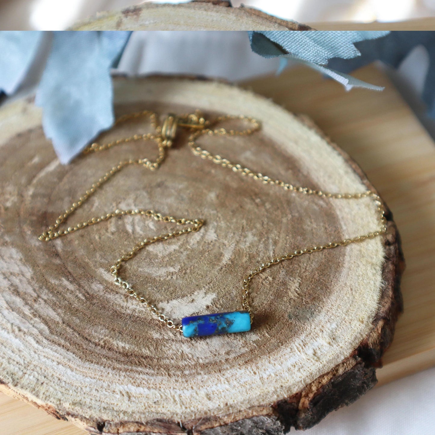 Tiny Thin Delicate Turquoise Lapis Lazuli Bar Stone Necklace Natural Calming Stone Necklace Gift Idea Divine Energy Necklace CCH