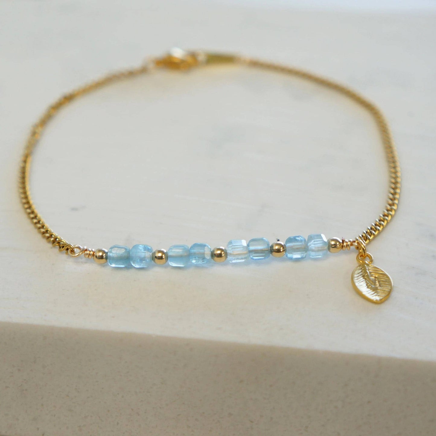 Aquamarine Bracelet Natural Tiny Aquamarine Personalized Bracelet for Her March Birthstone Jewelry Gift Tiny Hand Stamped Initial Bracelet